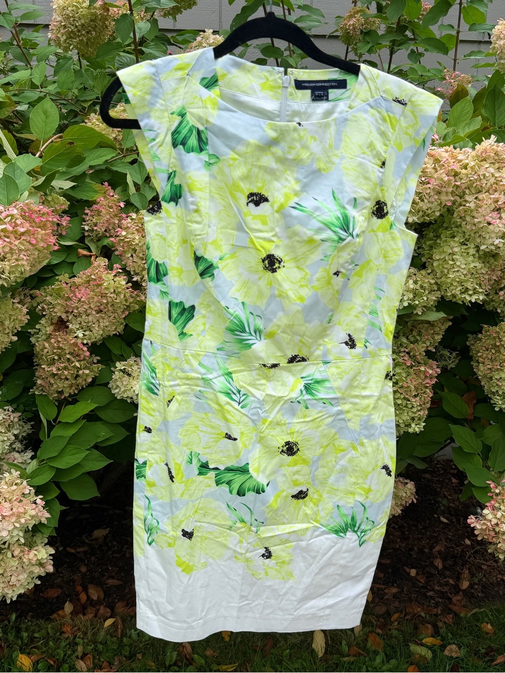 French Connection White Floral Sheath Dress with Yellow and Green Print